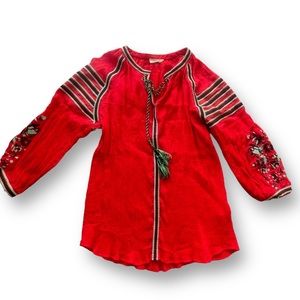Before You Collection Red/Mint Mexican Embroidered Peasant Blouse Women's Small